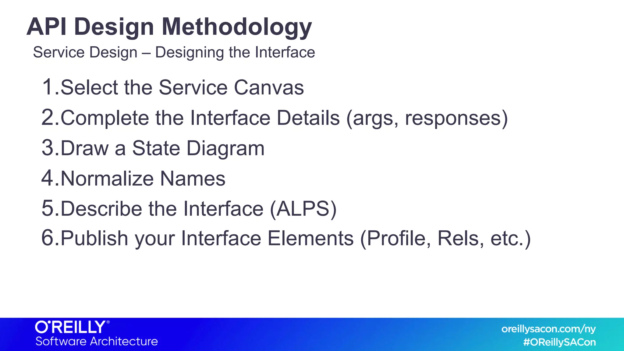 API Design Methodology
1.Select the Service Canvas
2.Complete the Interface Details (args, responses)
3.Draw a State Diagram
4.Normalize Names
5.Describe the Interface (ALPS)
6.Publish your Interface Elements (Profile, Rels, etc.)
Service Design – Designing the Interface
 