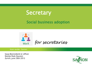 Kom verder. Saxion.
Secretary
Social business adoption
Sasja Beerendonk (e-office)
Nienke Peek (Saxion)
Zurich, june 28th 2013
for secretaries
 