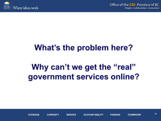 What’s the problem here?

 Why can’t we get the “real”
government services online?



COURAGE   CURIOSITY   SERVICE   ACCOUNTABILITY   PASSION   TEAMWORK
 