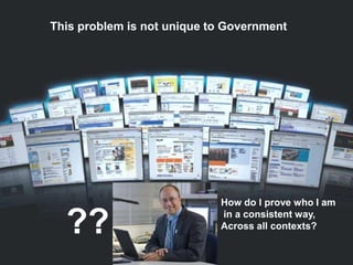 This problem is not unique to Government




                                             How do I prove who I am

  ??                                         in a consistent way,
                                             Across all contexts?

 COURAGE   CURIOSITY   SERVICE   ACCOUNTABILITY   PASSION   TEAMWORK
 