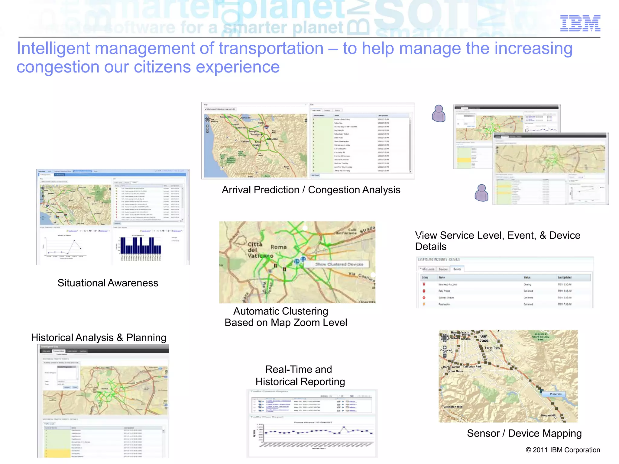 Intelligent management of transportation – to help manage the increasing
congestion our citizens experience




                                  Arrival Prediction / Congestion Analysis

                                                                                            Roles & Permissions

                                                                             View Service Level, Event, & Device
                                                                             Details


      Situational Awareness

                                   Automatic Clustering
                                  Based on Map Zoom Level
 Historical Analysis & Planning


                                           Real-Time and
                                         Historical Reporting




                                                                                       Sensor / Device Mapping
                                                                                                    © 2011 IBM Corporation
 