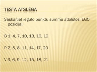 Saskaitiet iegūto punktu summu atbilstoši EGO
pozīcijai.
B 1, 4, 7, 10, 13, 16, 19
P 2, 5, 8, 11, 14, 17, 20
V 3, 6, 9, 12, 15, 18, 21
 