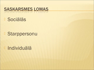  Sociālās
 Starppersonu
 Ի徱
 