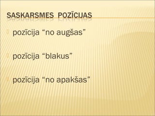  pozīcija “no augšas”
 pozīcija “blakus”
 pozīcija “no apakšas”
 