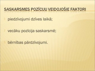  piedzīvojumi dzīves laikā;
 vecāku pozīcija saskarsmē;
 bērnības pārdzīvojumi.
 