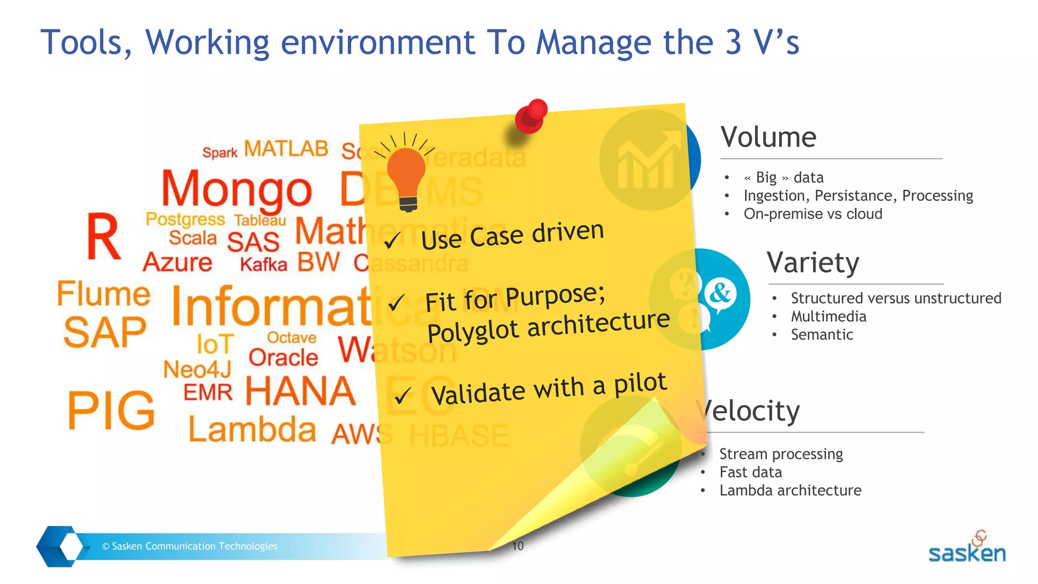 10© Sasken Communication Technologies
Tools, Working environment To Manage the 3 V’s
Volume
Variety
Velocity
• « Big » data
• Ingestion, Persistance, Processing
• On-premise vs cloud
• Stream processing
• Fast data
• Lambda architecture
• Structured versus unstructured
• Multimedia
• Semantic
 