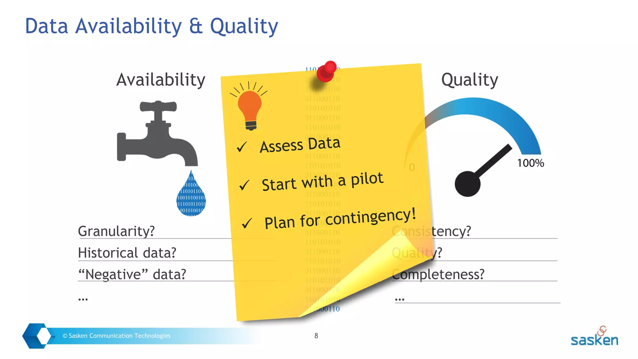 8© Sasken Communication Technologies
Data Availability & Quality
Granularity?
Historical data?
“Negative” data?
…
Consistency?
Quality?
Completeness?
…
Availability Quality
 