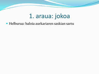 1. araua: jokoa
 Helburua: baloia aurkariaren saskian sartu
 