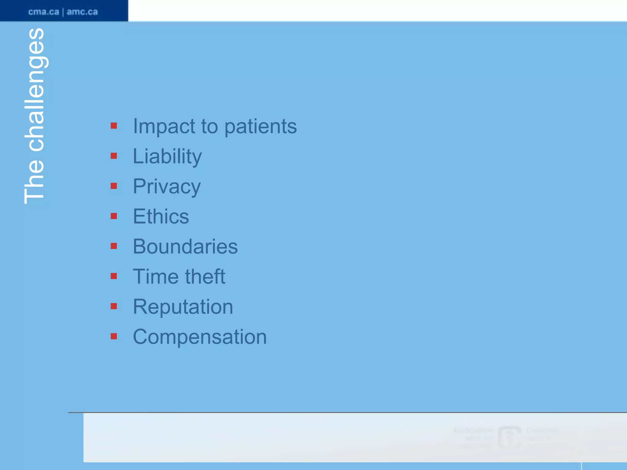 The challenges










Impact to patients
Liability
Privacy
Ethics
Boundaries
Time theft
Reputation
Compensation

 
