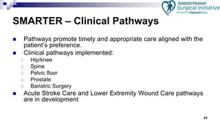23
SMARTER – Clinical Pathways
 Pathways promote timely and appropriate care aligned with the
patient’s preference.
 Clinical pathways implemented:
1. Hip/knee
2. Spine
3. Pelvic floor
4. Prostate
5. Bariatric Surgery
 Acute Stroke Care and Lower Extremity Wound Care pathways
are in development
 