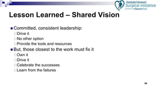 28
Lesson Learned – Shared Vision
 Committed, consistent leadership:
Drive it
No other option
Provide the tools and resources
 But, those closest to the work must fix it
Own it
Drive it
Celebrate the successes
Learn from the failures
 