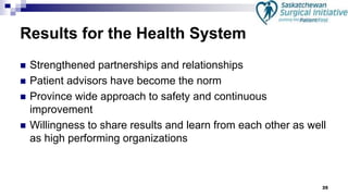 35
Results for the Health System
 Strengthened partnerships and relationships
 Patient advisors have become the norm
 Province wide approach to safety and continuous
improvement
 Willingness to share results and learn from each other as well
as high performing organizations
 