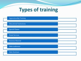 Types of training
Apprenticeship Training
Educational Institutions
Special Classes
Postal Services
Business Material
Sales conference
Sales Seminars
 