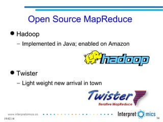 34
Open Source MapReduce
Hadoop
− Implemented in Java; enabled on Amazon
Twister
− Light weight new arrival in town
19.02.14
 