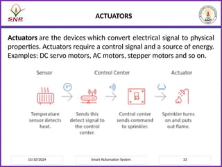15/10/2024 Smart AUtomation System 33
ACTUATORS
Actuators are the devices which convert electrical signal to physical
properties. Actuators require a control signal and a source of energy.
Examples: DC servo motors, AC motors, stepper motors and so on.
 