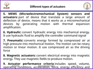 15/10/2024 Smart AUtomation System 35
Different types of actuators
5. MEMS (Microelectromechanical System) sensors and
actuators: part of device that translate a large amount of
deflection of device, means that it works as a micromechanical
devices by generating motion with thermal expansion
amplification.
6. Hydraulic: convert hydraulic energy into mechanical energy.
It use hydraulic fluid to amplify the controller command signal
7. Pneumatic: converts energy formed by compressed air at
high pressure into mechanical motion. The motion can be rotary
motion or linear motion. It use compressed air as the driving
force
8. Magnetic actuators: convert electrical energy into magnetic
energy. They use magnetic fields to produce motion.
9. Actuator performance criteria includes speed, volume,
operating conditions, acceleration, force, energy efficiency and
 