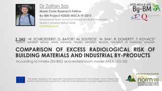 Z. SAS1, W. SCHROEYERS2, G. BATOR3, M. SOUTSOS1, W. SHA1, R. DOHERTY1, T. KOVACS3
1QUEEN'S UNIVERSITY BELFAST, UNITED KINGDOM, 2HASSELT UNIVERSITY, BELGIUM, 3UNIVERSITY OF PANNONIA, HUNGARY
COMPARISON OF EXCESS RADIOLOGICAL RISK OF
BUILDING MATERIALS AND INDUSTRIAL BY-PRODUCTS
According to I-index (EU-BSS) and revised room model (IAEA SSG-32)
Marie Curie Research Fellow
By-BM Project H2020-MSCA-IF-2015
Geopolymer Team, School of Natural and Built Environment
Queen’s University Belfast (QUB)
z.sas@qub.ac.uk
Dr Zoltan Sas
“The project leading to this application has received funding from the European Union’s Horizon 2020
research and innovation programme under the Marie Sklodowska-Curie grant agreement No 701932”
 