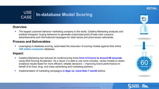 RETAIL
                                                                 USE
                                                                                                In-database Model Scoring
                                                                CASE                                                                                                  4½
                                                                                                                                                                       HRS


                                     Overview:
                                                        The largest customer behavior marketing company in the world, Catalina Marketing analyzes and
                                                         predicts shoppers’ buying behaviors to generate customized point-of-sale color coupons,
                                                         advertisements and informational messages for retail stores and pharmacies nationwide.
                                     Process and Deliverables:
                                                        Leveraging In-database scoring, automated the execution of scoring models against their entire
                                                         140 million consumer database;
                                     Impact:
                                                        Catalina Marketing has reduced its model-scoring times from 4.5 hours to around 60 seconds
                                                         using SAS Scoring Accelerator. As a result, it is able to use more complex, varied models to obtain
                                                         analytical results faster for more efficient, reliable decisions -- improving brand performance on
                                                         behalf of its food, drug, and mass advertising and marketing partners.
                                                                                                                                                                      60
                                                                                                                                                                      SECONDS


                                                        Implementation of marketing campaigns in days vs. more than 1 month before.




C op yr i g h t © 2 0 1 2 , S A S I n s t i t u t e I n c . A l l r i g h t s r es er v e d .             Copyright © 2012, SAS Institute Inc. All rights reserved.
 