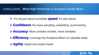 CONCLUSION                                                                           What High Performance Analytics Really Mean


                                                It’s not just about incredible speed, it’s also about:
                                                Confidence: No more sampling, subsetting, summarizing
                                                Accuracy: More complex models, more variables
                                                Efficiency: Leverage the Analytical Brain on valuable tasks
                                                Agility: Adapt and (re)Act faster

C op yr i g h t © 2 0 1 2 , S A S I n s t i t u t e I n c . A l l r i g h t s r es er v e d .            Copyright © 2012, SAS Institute Inc. All rights reserved.
 