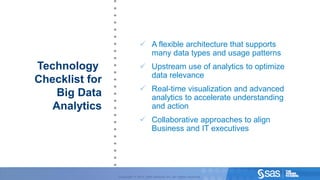  A flexible architecture that supports
                                                                                                                many data types and usage patterns
                                                   Technology                                                  Upstream use of analytics to optimize
                                                                                                                data relevance
                                                   Checklist for
                                                                                                               Real-time visualization and advanced
                                                       Big Data                                                 analytics to accelerate understanding
                                                      Analytics                                                 and action
                                                                                                               Collaborative approaches to align
                                                                                                                Business and IT executives




C op yr i g h t © 2 0 1 2 , S A S I n s t i t u t e I n c . A l l r i g h t s r es er v e d .   Copyright © 2012, SAS Institute Inc. All rights reserved.
 