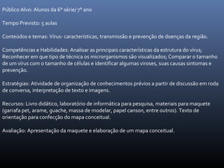 Público Alvo: Alunos da 6° série/ 7° ano
Tempo Previsto: 5 aulas
Conteúdos e temas: Vírus- características, transmissão e prevenção de doenças da região.
Competências e Habilidades: Analisar as principais características da estrutura do vírus;
Reconhecer em que tipo de técnica os microrganismos são visualizados; Comparar o tamanho
de um vírus com o tamanho de células e identificar algumas viroses, suas causas sintomas e
prevenção.
Estratégias: Atividade de organização de conhecimentos prévios a partir de discussão em roda
de conversa, interpretação de texto e imagens.
Recursos: Livro didático, laboratório de informática para pesquisa, materiais para maquete
(garrafa pet, arame, guache, massa de modelar, papel canson, entre outros). Texto de
orientação para confecção do mapa conceitual.
Avaliação: Apresentação da maquete e elaboração de um mapa conceitual.
 