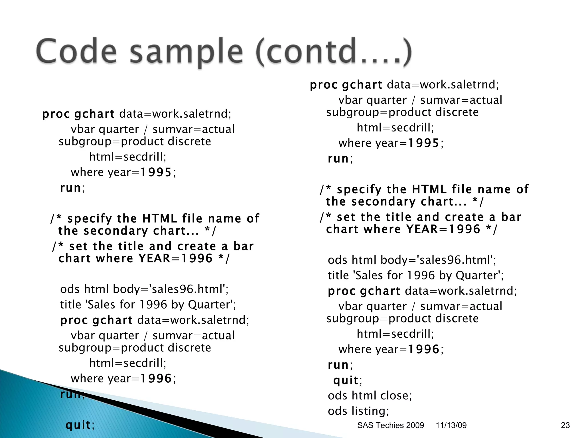 proc   gchart  data=work.saletrnd; vbar quarter / sumvar=actual subgroup=product discrete html=secdrill; where year= 1995 ; run ; /* specify the HTML file name of the secondary chart... */ /* set the title and create a bar chart where YEAR=1996 */ ods html body='sales96.html'; title 'Sales for 1996 by Quarter'; proc   gchart  data=work.saletrnd; vbar quarter / sumvar=actual subgroup=product discrete html=secdrill; where year= 1996 ; run ;   quit ; proc   gchart  data=work.saletrnd; vbar quarter / sumvar=actual subgroup=product discrete html=secdrill; where year= 1995 ; run ; /* specify the HTML file name of the secondary chart... */ /* set the title and create a bar chart where YEAR=1996 */ ods html body='sales96.html'; title 'Sales for 1996 by Quarter'; proc   gchart  data=work.saletrnd; vbar quarter / sumvar=actual subgroup=product discrete html=secdrill; where year= 1996 ; run ;   quit ; ods html close; ods listing; 11/13/09 SAS Techies 2009 