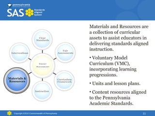 Copyright ©2010 Commonwealth of Pennsylvania Student Achievement Clear  Standards Materials & Resources Instruction Interventions Fair Assessments Curriculum Framework Materials and Resources are a collection of curricular assets to assist educators in delivering standards aligned instruction. Voluntary Model Curriculum (VMC), incorporating learning progressions.  Units and lesson plans. Content resources aligned to the Pennsylvania Academic Standards.  