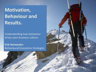 Motivation,
Behaviour and
Results.
Understanding how behaviour
drives your business culture.
Erik Vermeulen
Behavioural Economics Strategist.
 