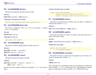La Procédure SAS/SQL

3.3

La commande delete

Insertion de lignes dans une table

Elle permet de supprimer des lignes dans une table.

insert into sql.statlab2
values (’fille’,’AB’,0,0,0,0,’d’)
values (’garcon’,’AB’,10,10,10,10,’e’);

Syntaxe
delete from nom-table < where sql-exp > ;

3.7

Suppression des lignes d’une table

Elle permet de sélectionner des colonnes dans une table, et d’afﬁcher les
résultats dans la fenêtre output.

delete from sql.statlab2 where gsenf=’A+’;

3.4

La commande select

La commande describe

Syntaxe

Elle donne la déﬁnition d’une vue, et des vues parentes si l’option
feedback est spéciﬁée.

select liste d’objets from liste < where sql-exp > ;

Syntaxe

3.8

describe view nom-vue ;

Elle permet de modiﬁer les valeurs de certaines observations pour des colonnes d’une table existante.

Description d’une vue

Syntaxe

describe view labv2;

3.5

update nom-table set nom-col=sql-exp < where sql-exp > ;

La commande drop

Modiﬁcation d’une table

Elle permet de détruire indifféremment une table ou une vue.

update sql.statlab2
set gender=sexenf;

Syntaxe
drop table nom-table < , nom-table > ;
drop view nom-vue < , nom-vue > ;

3.6

La commande update

3.9

La commande insert

La commande validate

Elle permet d’évaluer la syntaxe d’une interrogation sans l’exécuter, et retourne un message dans la fenêtre log.

Elle permet d’ajouter des lignes à une table.
Syntaxe

Syntaxe

insert into nom-table < ( nom-col < , nom-col > >)
values ( value < , value >) ;

validate query-exp ;

Cette commande est essentiellement utile dans des applications utilisant des
Il existe deux autres manières d’utiliser la commande insert (voir l’aide en macro-variables. validate retourne alors une valeur indiquant si l’interroligne).
gation est valide grâce à la macro-variable SQLRC (SQL Return Code).

3

 