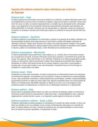 9
Impacto del sistema sensorial sobre individuos con síndrome
de Asperger
Sistema táctil – Tacto
El sistema táctil provee información acerca de los objetos en el ambiente. La defensividad táctil puede incluir
incomodidad física cuando se entra en contacto con alguien o algo que los demás no perciben. Cosas como
hacer fila, tomar un baño, ser tocado inesperadamente, un contacto que es demasiado fuerte o demasiado
suave y usar pegamento en barra presentan situaciones potencialmente estresantes para individuos con
defensividad táctil. En contraste, individuos que son hiposensibles no responden cuando son tocados por
los demás, sin embargo a menudo usan el tacto para explorar su ambiente en busca del estímulo táctil que
ansían.
Sistema vestibular – Equilibrio
El sistema vestibular es estimulado por el movimiento y cambios en la posición de la cabeza. Individuos con
hipersensibilidad vestibular tienen baja tolerancia al movimiento y exhiben dificultades cambiando de
velocidad y dirección. Pueden sentir náusea al dar vueltas y les cuesta permanecer sentados; otros pueden
presentar inseguridad gravitacional. Algunos pueden buscar estímulo vestibular al estrellarse contra objetos
o mecerse, pueden ser considerados torpes, o tener dificultad con los cambios bruscos.
Sistema propioceptivo – Movimiento
El sistema propioceptivo hace posible llevar varios objetos (p. ej., mochila, libros e instrumento musical)
por un pasillo lleno de gente, al proveer información acerca de la ubicación y movimiento de las partes del
cuerpo. Para algunos, estos movimientos no son naturales. Problemas en el sistema propioceptivo pueden
resultar en mala postura, falta de coordinación y fatiga crónica después de la actividad física. Algunos
estudiantes no reciben información precisa de sus cuerpos respecto a cuán fuerte o suave golpean o
empujan algo, lo que puede resultar en que usan demasiada o insuficiente fuerza a la hora de jugar un
compañero o cuando patean una pelota.
Sistema visual – Vista
Comparado con otras áreas sensoriales, el sistema visual parece ser relativamente fuerte en los individuos
con síndrome de Asperger. Los problemas que se presentan a menudo se relacionan con hipersensibilidad
a la luz, mala coordinación visomotora y mala percepción de la profundidad, y también a hiposensibilidades
que dificultan encontrar un objeto que está a plena vista. Algunos estudiantes tienen una visión perfecta de
20/20 y sin embargo tienen dificultades siguiendo un objeto con la vista y con la convergencia. Estos
problemas pueden ser detectados por un examen con un oftalmólogo conductual o un optometrista.
Sistema auditivo – Oído
Aunque tienen la capacidad auditiva intacta, los niños con síndrome de Asperger pueden no interpretar la
información auditiva eficiente o precisamente. Pueden tener hiper- o hiposensibilidad al ruido, responder
negativamente a sonidos fuertes o suaves, o no responder cuando alguien los llama por su nombre.
Sistemas gustativo y olfativo – Gusto y olfato
Problemas relacionados al sistema gustativo se manifiestan en la evasión de ciertas comidas, en llevar una
dieta muy limitada y/o ser muy delicado con las comidas. Estrechamente relacionado con el sentido del
gusto, el sistema olfativo en la nariz a menudo se caracteriza por una hipersensibilidad a muchos olores
que a los demás les parecen agradables, o simplemente no notan.
 