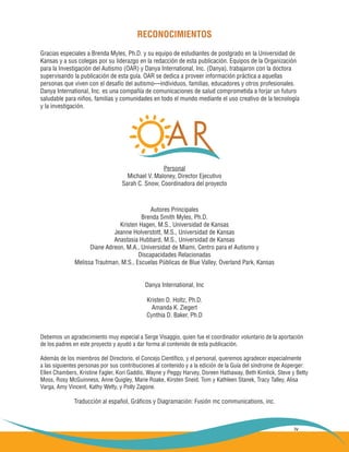 iv
RECONOCIMIENTOS
Gracias especiales a Brenda Myles, Ph.D. y su equipo de estudiantes de postgrado en la Universidad de
Kansas y a sus colegas por su liderazgo en la redacción de esta publicación. Equipos de la Organización
para la Investigación del Autismo (OAR) y Danya International, Inc. (Danya), trabajaron con la doctora
supervisando la publicación de esta guía. OAR se dedica a proveer información práctica a aquellas
personas que viven con el desafío del autismo—individuos, familias, educadores y otros profesionales.
Danya International, Inc. es una compañía de comunicaciones de salud comprometida a forjar un futuro
saludable para niños, familias y comunidades en todo el mundo mediante el uso creativo de la tecnología
y la investigación.
Personal
Michael V. Maloney, Director Ejecutivo
Sarah C. Snow, Coordinadora del proyecto
Autores Principales
Brenda Smith Myles, Ph.D.
Kristen Hagen, M.S., Universidad de Kansas
Jeanne Holverstott, M.S., Universidad de Kansas
Anastasia Hubbard, M.S., Universidad de Kansas
Diane Adreon, M.A., Universidad de Miami, Centro para el Autismo y
Discapacidades Relacionadas
Melissa Trautman, M.S., Escuelas Públicas de Blue Valley, Overland Park, Kansas
Danya International, Inc
Kristen D. Holtz, Ph.D.
Amanda K. Ziegert
Cynthia D. Baker, Ph.D
Debemos un agradecimiento muy especial a Serge Visaggio, quien fue el coordinador voluntario de la aportación
de los padres en este proyecto y ayudó a dar forma al contenido de esta publicación.
Además de los miembros del Directorio, el Concejo Científico, y el personal, queremos agradecer especialmente
a las siguientes personas por sus contribuciones al contenido y a la edición de la Guía del síndrome de Asperger:
Ellen Chambers, Kristine Fagler, Kori Gaddis, Wayne y Peggy Harvey, Doreen Hathaway, Beth Kimlick, Steve y Betty
Moss, Rosy McGuinness, Anne Quigley, Marie Roake, Kirsten Sneid, Tom y Kathleen Stanek, Tracy Talley, Alisa
Varga, Amy Vincent, Kathy Welty, y Polly Zagone.
Traducción al español, Gráficos y Diagramación: Fusión mc communications, inc.
 