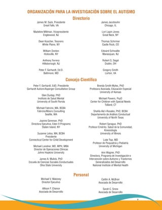 v
ORGANIZACIÓN PARA LA INVESTIGACIÓN SOBRE EL AUTISMO
James M. Sack, Presidente
Great Falls, VA
Madeline Millman, Vicepresidente
Englewood, NJ
Dean Koocher, Tesorero
White Plains, NY
William Donlon
Hicksville, NY
Anthony Ferrera
Hillsborough, NJ
Peter F. Gerhardt, Ed.D.
Baltimore, MD
Peter F. Gerhardt, EdD, Presidente
Gerhardt Autism/Asperger Consultation Group
Glen Dunlap, PhD
Instituto de Salud Mental
University of South Florida
Michael Fabrizio, MA, BCBA
Fabrizio/Moors Consulting
Seattle, WA
Joanne Gerenser, PhD
Directora Ejecutiva, Eden II Programs
Staten Island, NY
Suzanne Letso, MA, BCBA
Presidente
Connecticut Center for Child Development
Michael Londner, MD, MPH, MBA
Director de Operaciones Clínicas
Johns Hopkins University
James A. Mulick, PhD
Escuela de Ciencias Sociales Conductuales
Ohio State University
James Jacobsohn
Chicago, IL
Lori Lapin Jones
Great Neck, NY
Thomas Schirmer
Castle Rock, CO
Edward Schwallie
Manasquan, NJ
Robert S. Segal
Dublin, OH
Gregory Smith
Lorton, VA
Brenda Smith Myles, PhD
Profesora Asociada, Educación Especial
University of Kansas
Michael Powers, PsyD
Center for Children with Special Needs
Tolland, CT
Shahla Ala’i-Rosales, PhD, BCBA
Departamento de Análisis Conductual
University of North Texas
Robert Sprague, PhD
Profesor Emérito, Salud de la Comunidad,
Kinesiología
University of Illinois
Luke Tsai, MD
Profesor de Psiquiatría y Pediatría
University of Michigan
Ann Wagner, PhD
Directora, Programa de Investigación e
Intervención sobre Autismo y Trastornos
Generalizados del Desarrollo
National Institute of Mental Health
Michael V. Maloney
Director Ejecutivo
Allison F. Chance
Asociada de Desarrollo
Caitlin A. McBrair
Asociada de Desarrollo
Sarah C. Snow
Asociada de Desarrollo
Directorio
Concejo Científico
Personal
 
