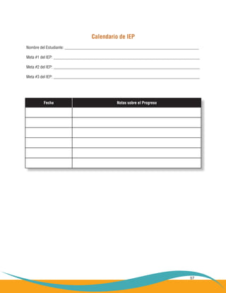 57
Calendario de IEP
Nombre del Estudiante: __________________________________________________________________
Meta #1 del IEP: ________________________________________________________________________
Meta #2 del IEP: ________________________________________________________________________
Meta #3 del IEP: ________________________________________________________________________
Fecha Notas sobre el Progreso
 