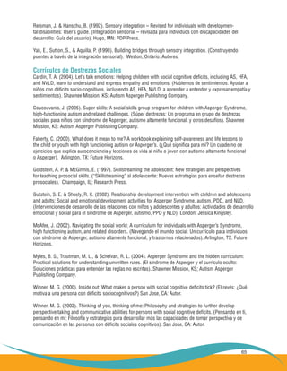 65
Reisman, J. & Hanschu, B. (1992). Sensory integration – Revised for individuals with developmen-
tal disabilities: User’s guide. (Integración sensorial – revisada para individuos con discapacidades del
desarrollo: Guía del usuario). Hugo, MN: PDP Press.
Yak, E., Sutton, S., & Aquilla, P. (1998). Building bridges through sensory integration. (Construyendo
puentes a través de la integración sensorial). Weston, Ontario: Autores.
Currículos de Destrezas Sociales
Cardin, T. A. (2004). Let’s talk emotions: Helping children with social cognitive deficits, including AS, HFA,
and NVLD, learn to understand and express empathy and emotions. (Hablemos de sentimientos: Ayudar a
niños con déficits socio-cognitivos, incluyendo AS, HFA, NVLD, a aprender a entender y expresar empatía y
sentimientos). Shawnee Mission, KS: Autism Asperger Publishing Company.
Coucouvanis, J. (2005). Super skills: A social skills group program for children with Asperger Syndrome,
high-functioning autism and related challenges. (Súper destrezas: Un programa en grupo de destrezas
sociales para niños con síndrome de Asperger, autismo altamente funcional, y otros desafíos). Shawnee
Mission, KS: Autism Asperger Publishing Company.
Faherty, C. (2000). What does it mean to me? A workbook explaining self-awareness and life lessons to
the child or youth with high functioning autism or Asperger’s. (¿Qué significa para mí? Un cuaderno de
ejercicios que explica autoconciencia y lecciones de vida al niño o joven con autismo altamente funcional
o Asperger). Arlington, TX: Future Horizons.
Goldstein, A. P. & McGinnis, E. (1997). Skillstreaming the adolescent: New strategies and perspectives
for teaching prosocial skills. (“Skillstreaming” al adolescente: Nuevas estrategias para enseñar destrezas
prosociales). Champaign, IL; Research Press.
Gutstein, S. E. & Sheely, R. K. (2002). Relationship development intervention with children and adolescents
and adults: Social and emotional development activities for Asperger Syndrome, autism, PDD, and NLD.
(Intervenciones de desarrollo de las relaciones con niños y adolescentes y adultos: Actividades de desarrollo
emocional y social para el síndrome de Asperger, autismo, PPD y NLD). London: Jessica Kingsley.
McAfee, J. (2002). Navigating the social world: A curriculum for individuals with Asperger’s Syndrome,
high functioning autism, and related disorders. (Navegando el mundo social: Un currículo para individuos
con síndrome de Asperger, autismo altamente funcional, y trastornos relacionados). Arlington, TX: Future
Horizons.
Myles, B. S., Trautman, M. L., & Schelvan, R. L. (2004). Asperger Syndrome and the hidden curriculum:
Practical solutions for understanding unwritten rules. (El síndrome de Asperger y el currículo oculto:
Soluciones prácticas para entender las reglas no escritas). Shawnee Mission, KS; Autism Asperger
Publishing Company.
Winner, M. G. (2000). Inside out: What makes a person with social cognitive deficits tick? (El revés: ¿Qué
motiva a una persona con déficits sociocognitivos?) San Jose, CA: Autor.
Winner, M. G. (2002). Thinking of you, thinking of me: Philosophy and strategies to further develop
perspective taking and communicative abilities for persons with social cognitive deficits. (Pensando en ti,
pensando en mí: Filosofía y estrategias para desarrollar más las capacidades de tomar perspectiva y de
comunicación en las personas con déficits sociales cognitivos). San Jose, CA: Autor.
 