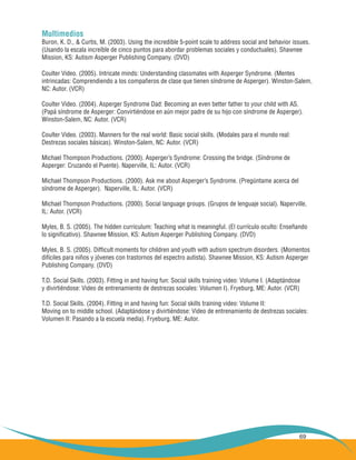 69
Multimedios
Buron, K. D., & Curtis, M. (2003). Using the incredible 5-point scale to address social and behavior issues.
(Usando la escala increíble de cinco puntos para abordar problemas sociales y conductuales). Shawnee
Mission, KS: Autism Asperger Publishing Company. (DVD)
Coulter Video. (2005). Intricate minds: Understanding classmates with Asperger Syndrome. (Mentes
intrincadas: Comprendiendo a los compañeros de clase que tienen síndrome de Asperger). Winston-Salem,
NC: Autor. (VCR)
Coulter Video. (2004). Asperger Syndrome Dad: Becoming an even better father to your child with AS.
(Papá síndrome de Asperger: Convirtiéndose en aún mejor padre de su hijo con síndrome de Asperger).
Winston-Salem, NC: Autor. (VCR)
Coulter Video. (2003). Manners for the real world: Basic social skills. (Modales para el mundo real:
Destrezas sociales básicas). Winston-Salem, NC: Autor. (VCR)
Michael Thompson Productions. (2000). Asperger’s Syndrome: Crossing the bridge. (Síndrome de
Asperger: Cruzando el Puente). Naperville, IL: Autor. (VCR)
Michael Thompson Productions. (2000). Ask me about Asperger’s Syndrome. (Pregúntame acerca del
síndrome de Asperger). Naperville, IL: Autor. (VCR)
Michael Thompson Productions. (2000). Social language groups. (Grupos de lenguaje social). Naperville,
IL: Autor. (VCR)
Myles, B. S. (2005). The hidden curriculum: Teaching what is meaningful. (El currículo oculto: Enseñando
lo significativo). Shawnee Mission, KS: Autism Asperger Publishing Company. (DVD)
Myles, B. S. (2005). Difficult moments for children and youth with autism spectrum disorders. (Momentos
difíciles para niños y jóvenes con trastornos del espectro autista). Shawnee Mission, KS: Autism Asperger
Publishing Company. (DVD)
T.D. Social Skills. (2003). Fitting in and having fun: Social skills training video: Volume I. (Adaptándose
y divirtiéndose: Video de entrenamiento de destrezas sociales: Volumen I). Fryeburg, ME: Autor. (VCR)
T.D. Social Skills. (2004). Fitting in and having fun: Social skills training video: Volume II:
Moving on to middle school. (Adaptándose y divirtiéndose: Video de entrenamiento de destrezas sociales:
Volumen II: Pasando a la escuela media). Fryeburg, ME: Autor.
 