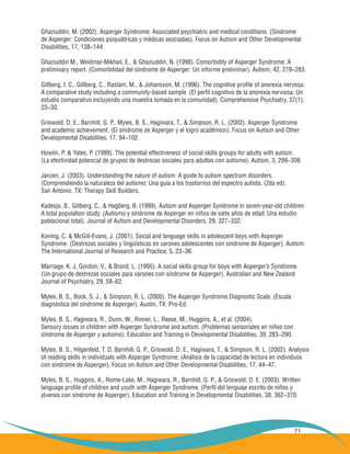 71
Ghaziuddin, M. (2002). Asperger Syndrome: Associated psychiatric and medical conditions. (Síndrome
de Asperger: Condiciones psiquiátricas y médicas asociadas). Focus on Autism and Other Developmental
Disabilities, 17, 138−144.
Ghaziuddin M., Weidmar-Mikhail, E., & Ghaziuddin, N. (1998). Comorbidity of Asperger Syndrome: A
preliminary report. (Comorbilidad del síndrome de Asperger: Un informe preliminar). Autism, 42, 279−283.
Gillberg, I. C., Gillberg, C., Rastam, M., & Johansson, M. (1996). The cognitive profile of anorexia nervosa:
A comparative study including a community-based sample. (El perfil cognitivo de la anorexia nerviosa: Un
estudio comparativo incluyendo una muestra tomada en la comunidad). Comprehensive Psychiatry, 37(1),
23−30.
Griswold, D. E., Barnhill, G. P., Myles, B. S., Hagiwara, T., & Simpson, R. L. (2002). Asperger Syndrome
and academic achievement. (El síndrome de Asperger y el logro académico). Focus on Autism and Other
Developmental Disabilities, 17, 94−102.
Howlin, P. & Yates, P. (1999). The potential effectiveness of social skills groups for adults with autism.
(La efectividad potencial de grupos de destrezas sociales para adultos con autismo). Autism, 3, 299−308.
Janzen, J. (2003). Understanding the nature of autism: A guide to autism spectrum disorders.
(Comprendiendo la naturaleza del autismo: Una guía a los trastornos del espectro autista. (2da ed).
San Antonio, TX: Therapy Skill Builders.
Kadesjo, B., Gillberg, C., & Hagberg, B. (1999). Autism and Asperger Syndrome in seven-year-old children:
A total population study. (Autismo y síndrome de Asperger en niños de siete años de edad: Una estudio
poblacional total). Journal of Autism and Developmental Disorders, 29, 327−332.
Koning, C. & McGill-Evans, J. (2001). Social and language skills in adolescent boys with Asperger
Syndrome. (Destrezas sociales y lingüísticas en varones adolescentes con síndrome de Asperger). Autism:
The International Journal of Research and Practice, 5, 23−36.
Marriage, K. J, Gordon, V., & Brand, L. (1995). A social skills group for boys with Asperger’s Syndrome.
(Un grupo de destrezas sociales para varones con síndrome de Asperger). Australian and New Zealand
Journal of Psychiatry, 29, 58−62.
Myles, B. S., Bock, S. J., & Simpson, R. L. (2000). The Asperger Syndrome Diagnostic Scale. (Escala
diagnóstica del síndrome de Asperger). Austin, TX: Pro-Ed.
Myles, B. S., Hagiwara, R., Dunn, W., Rinner, L., Reese, M., Huggins, A., et al. (2004).
Sensory issues in children with Asperger Syndrome and autism. (Problemas sensoriales en niños con
síndrome de Asperger y autismo). Education and Training in Developmental Disabilities, 39, 283−290.
Myles, B. S., Hilgenfeld, T. D. Barnhill, G. P., Griswold, D. E., Hagiwara, T., & Simpson, R. L. (2002). Analysis
of reading skills in individuals with Asperger Syndrome. (Análisis de la capacidad de lectura en individuos
con síndrome de Asperger). Focus on Autism and Other Developmental Disabilities, 17, 44−47.
Myles, B. S., Huggins, A., Rome-Lake, M., Hagiwara, R., Barnhill, G. P., & Griswold, D. E. (2003). Written
language profile of children and youth with Asperger Syndrome. (Perfil del lenguaje escrito de niños y
jóvenes con síndrome de Asperger). Education and Training in Developmental Disabilities, 38, 362−370.
 