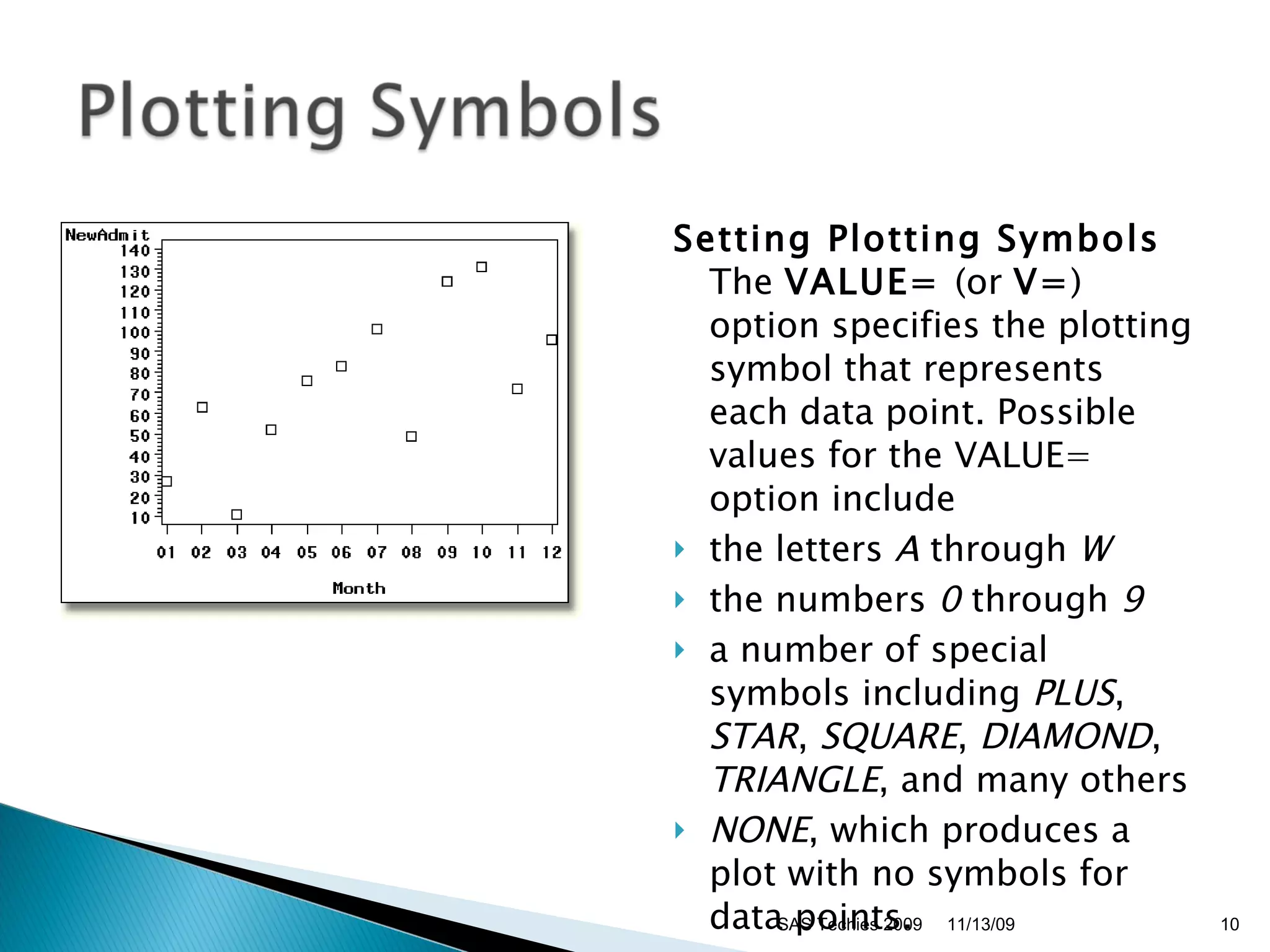 Setting Plotting Symbols  The  VALUE=  (or  V= ) option specifies the plotting symbol that represents each data point. Possible values for the VALUE= option include  the letters  A  through  W   the numbers  0  through  9   a number of special symbols including  PLUS ,  STAR ,  SQUARE ,  DIAMOND ,  TRIANGLE , and many others  NONE , which produces a plot with no symbols for data points.  11/13/09 SAS Techies 2009 
