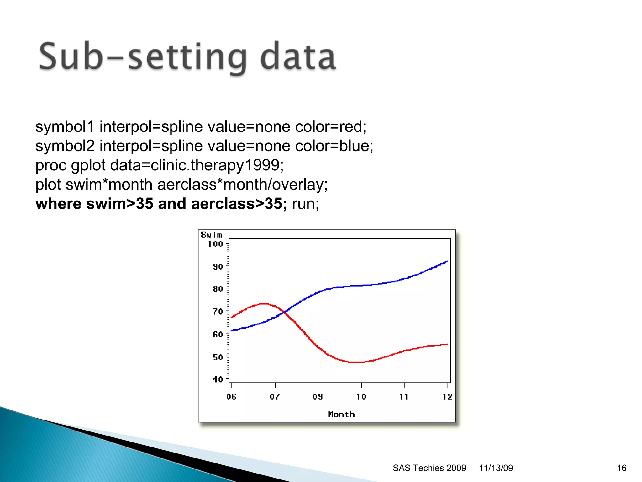 11/13/09 SAS Techies 2009 symbol1 interpol=spline value=none color=red;  symbol2 interpol=spline value=none color=blue;  proc gplot data=clinic.therapy1999;  plot swim*month aerclass*month/overlay;  where swim>35 and aerclass>35;  run;  