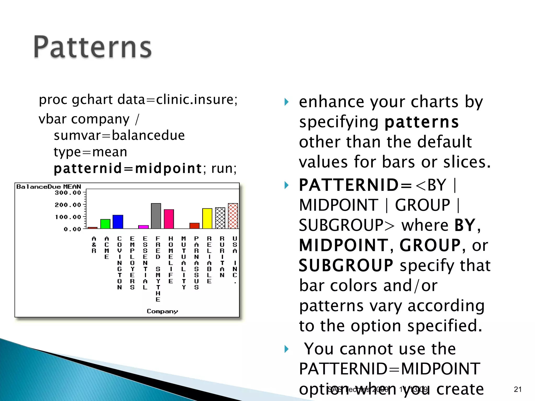 proc gchart data=clinic.insure;  vbar company / sumvar=balancedue type=mean  patternid=midpoint ; run;  enhance your charts by specifying  patterns  other than the default values for bars or slices.  PATTERNID= <BY | MIDPOINT | GROUP | SUBGROUP> where  BY ,  MIDPOINT ,  GROUP , or  SUBGROUP  specify that bar colors and/or patterns vary according to the option specified.  You cannot use the PATTERNID=MIDPOINT option when you create pie charts. 11/13/09 SAS Techies 2009 