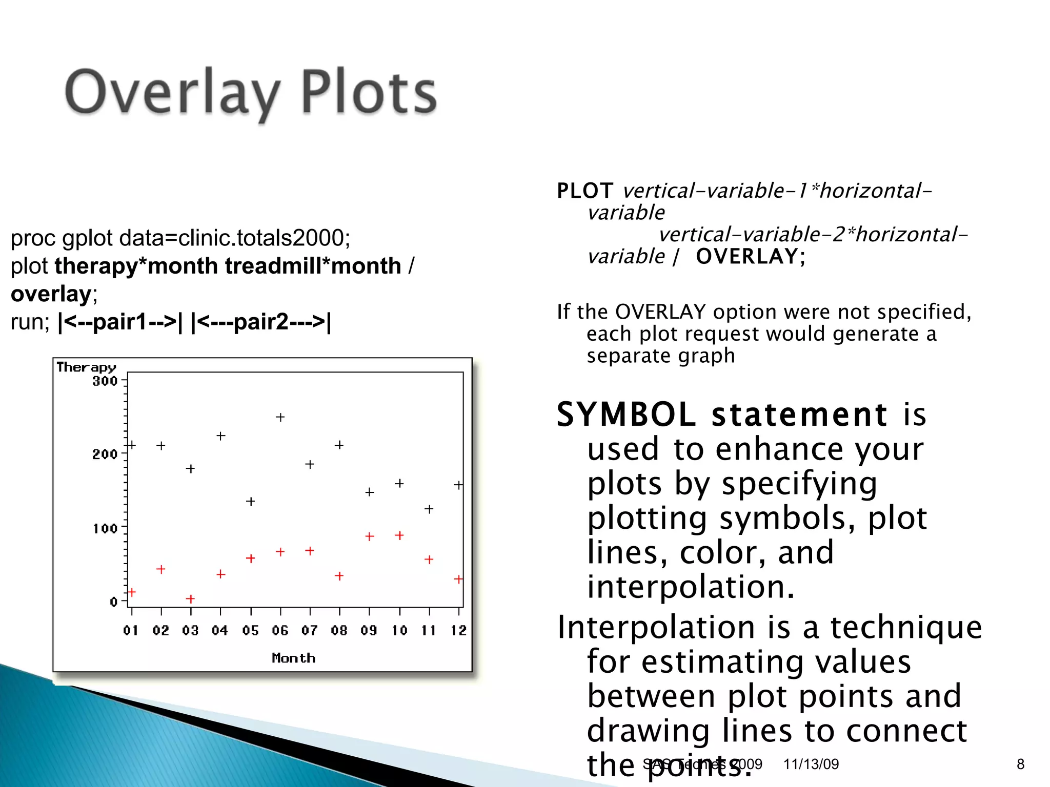 PLOT   vertical-variable-1*horizontal-variable             vertical-variable-2*horizontal-variable   /    OVERLAY;   If the OVERLAY option were not specified, each plot request would generate a separate graph  SYMBOL statement  is used   to enhance your plots by specifying plotting symbols, plot lines, color, and interpolation.  Interpolation is a technique for estimating values between plot points and drawing lines to connect the points. 11/13/09 SAS Techies 2009 proc gplot data=clinic.totals2000;  plot  therapy*month   treadmill*month  /  overlay ;  run;  |<--pair1-->| |<---pair2--->|   