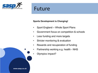 Future
                 Sports Development is Changing!

                 •   Sport England – Whole Sport Plans
                 •   Government focus on competition & schools
                 •   Less funding and more targets
                 •   Stricter monitoring & evaluation
                 •   Rewards and recuperation of funding
                 •   Partnership working e.g. health - NHS
                 •   Olympics impact?




www.sasp.co.uk
www.sasp.co.uk
 