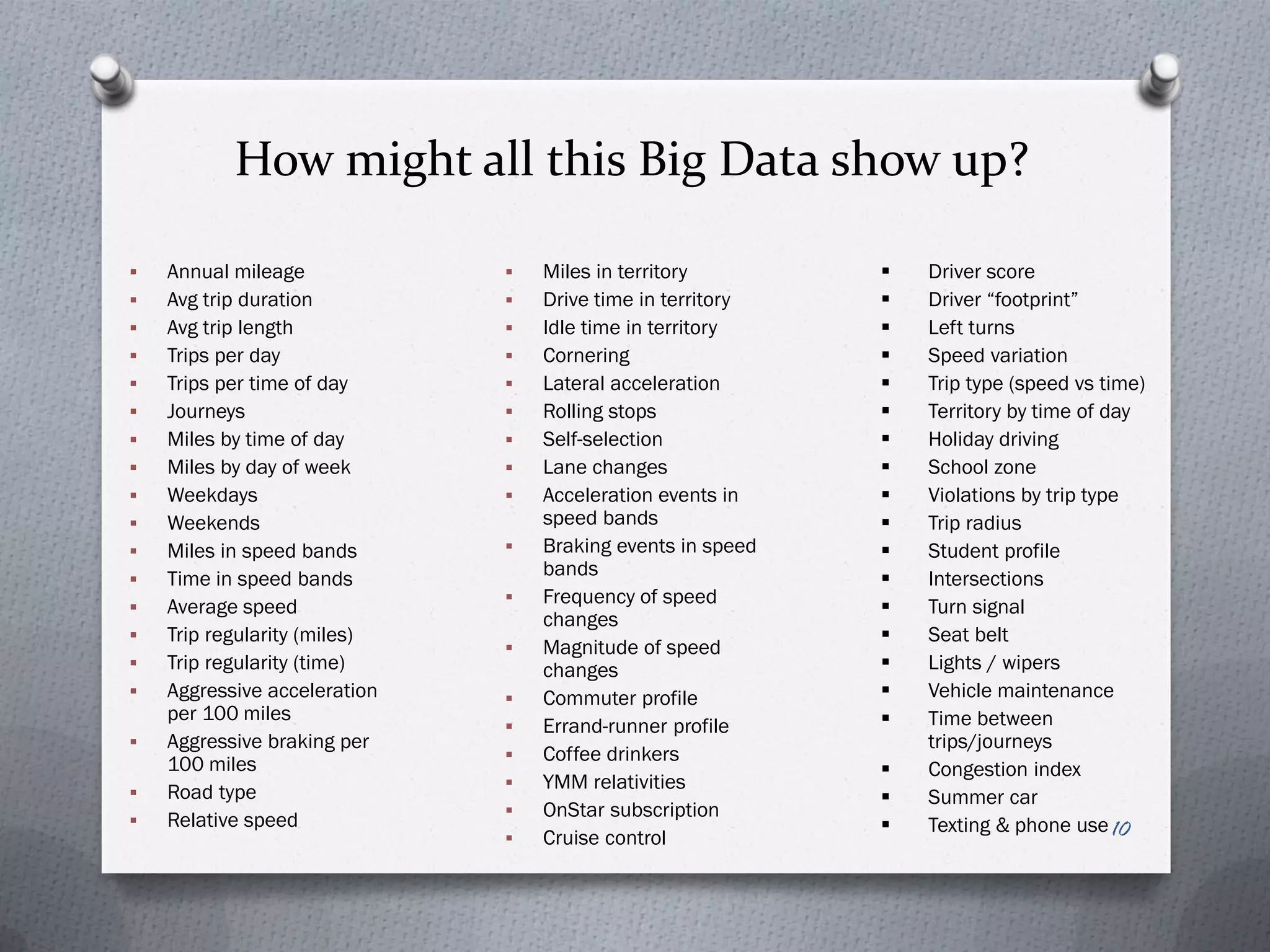 How might all this Big Data show up?

   Annual mileage               Miles in territory           Driver score
   Avg trip duration            Drive time in territory      Driver “footprint”
   Avg trip length              Idle time in territory       Left turns
   Trips per day                Cornering                    Speed variation
   Trips per time of day        Lateral acceleration         Trip type (speed vs time)
   Journeys                     Rolling stops                Territory by time of day
   Miles by time of day         Self-selection               Holiday driving
   Miles by day of week         Lane changes                 School zone
   Weekdays                     Acceleration events in       Violations by trip type
   Weekends                      speed bands                  Trip radius
   Miles in speed bands         Braking events in speed      Student profile
   Time in speed bands           bands                        Intersections
   Average speed                Frequency of speed           Turn signal
                                  changes
   Trip regularity (miles)                                    Seat belt
                                 Magnitude of speed
   Trip regularity (time)        changes                      Lights / wipers
   Aggressive acceleration      Commuter profile             Vehicle maintenance
    per 100 miles                                              Time between
                                 Errand-runner profile
   Aggressive braking per                                      trips/journeys
    100 miles                    Coffee drinkers
                                                               Congestion index
   Road type                    YMM relativities
                                                               Summer car
   Relative speed               OnStar subscription
                                                               Texting & phone use 10
                                 Cruise control
 