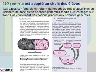 BIO pour tous est adapté au choix des élèves
Les pages sur fond blanc traitent de notions abordées aussi bien en
sciences de base qu’en sciences générales tandis que les pages sur
fond lilas concernent des notions propres aux sciences générales.
 