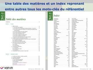 Une table des matières et un index reprenant
entre autres tous les mots-clés du référentiel
 