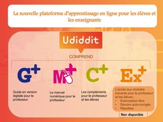 La nouvelle plateforme d’apprentissage en ligne pour les élèves et
les enseignants
Guide en version
digitale pour le
professeur
Le manuel
numérique pour le
professeur
L’accès aux modules
suivants pour le professeur
et les élèves :
• Exercisation libre
• Devoirs auto-corrigés
• Résultats
COMPREND
Non disponible
Les compléments
pour le professeur
et les élèves
 