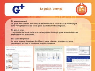 Un accompagnement
Le guide vous oriente, vous indique les démarches à suivre et vous accompagne
dans votre préparation de cours grâce aux notes méthodologiques.
Un gain de temps
Le guide facilite votre travail et vous fait gagner du temps grâce aux solutions des
exercices et aux évaluations.
Une source d’inspiration
Le guide propose des pistes de réflexion ou de mises en situations qui vous
permettent d’aborder la matière de manière différente.
Le guide / corrigé
 