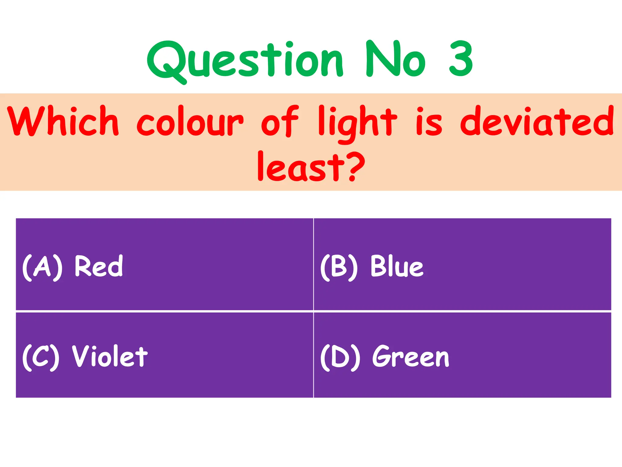 Which colour of light is deviated
least?
Question No 3
(A) Red (B) Blue
(C) Violet (D) Green
 