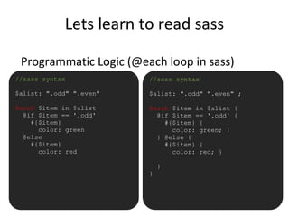Lets learn to read sass
Programmatic Logic (@each loop in sass)
•//sass syntax
$alist: ".odd" ".even"
@each $item in $alist
@if $item == '.odd'
#{$item}
color: green
@else
#{$item}
color: red
//scss syntax
$alist: ".odd" ".even" ;
@each $item in $alist {
@if $item == '.odd' {
#{$item} {
color: green; }
} @else {
#{$item} {
color: red; }
}
}
 