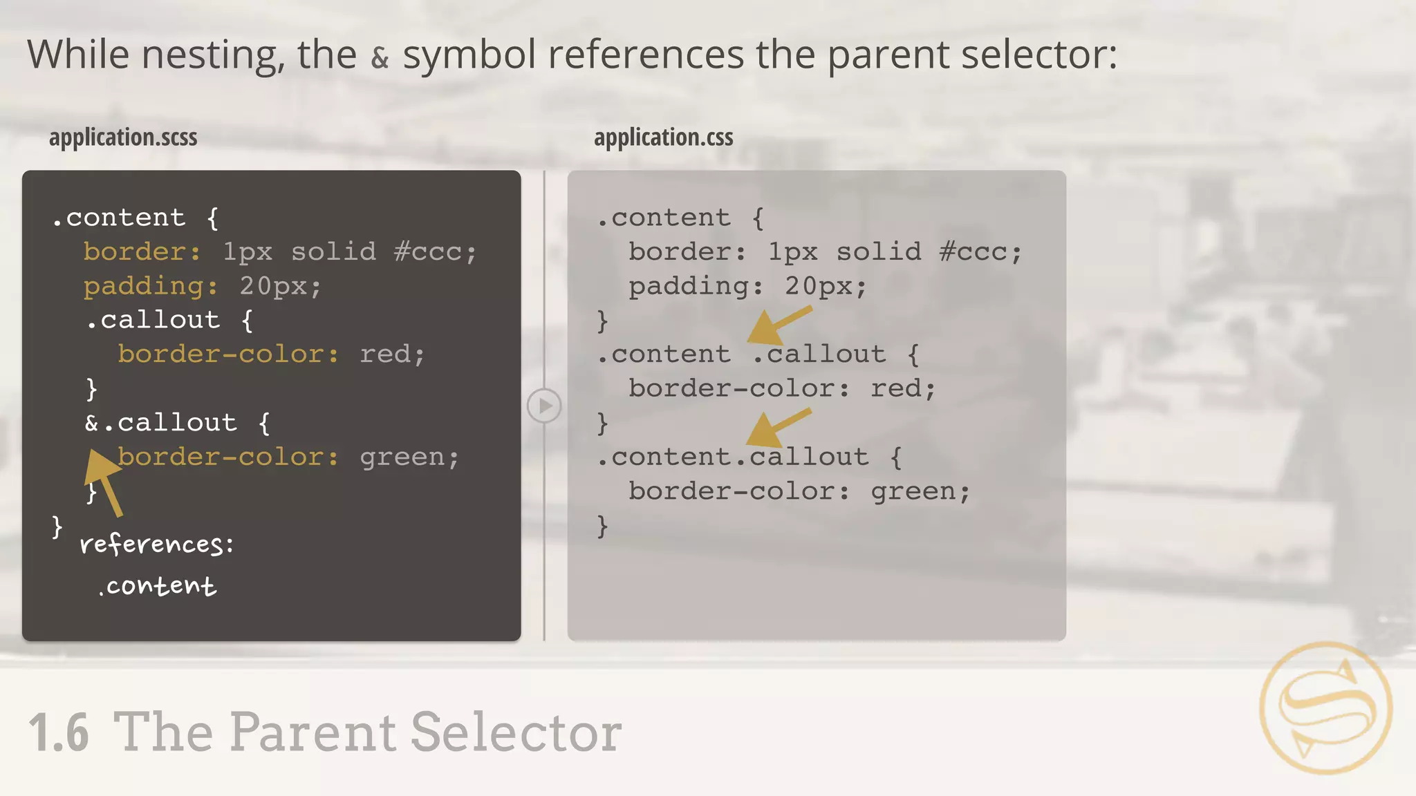 1.6 The Parent Selector
While nesting, the & symbol references the parent selector:
.content {
border: 1px solid #ccc;
padding: 20px;
}
.content {
border: 1px solid #ccc;
padding: 20px;
}
application.scss application.css
.callout {
border-color: red;
}
&.callout {
border-color: green;
}
.content .callout {
border-color: red;
}
.content.callout {
border-color: green;
}
 