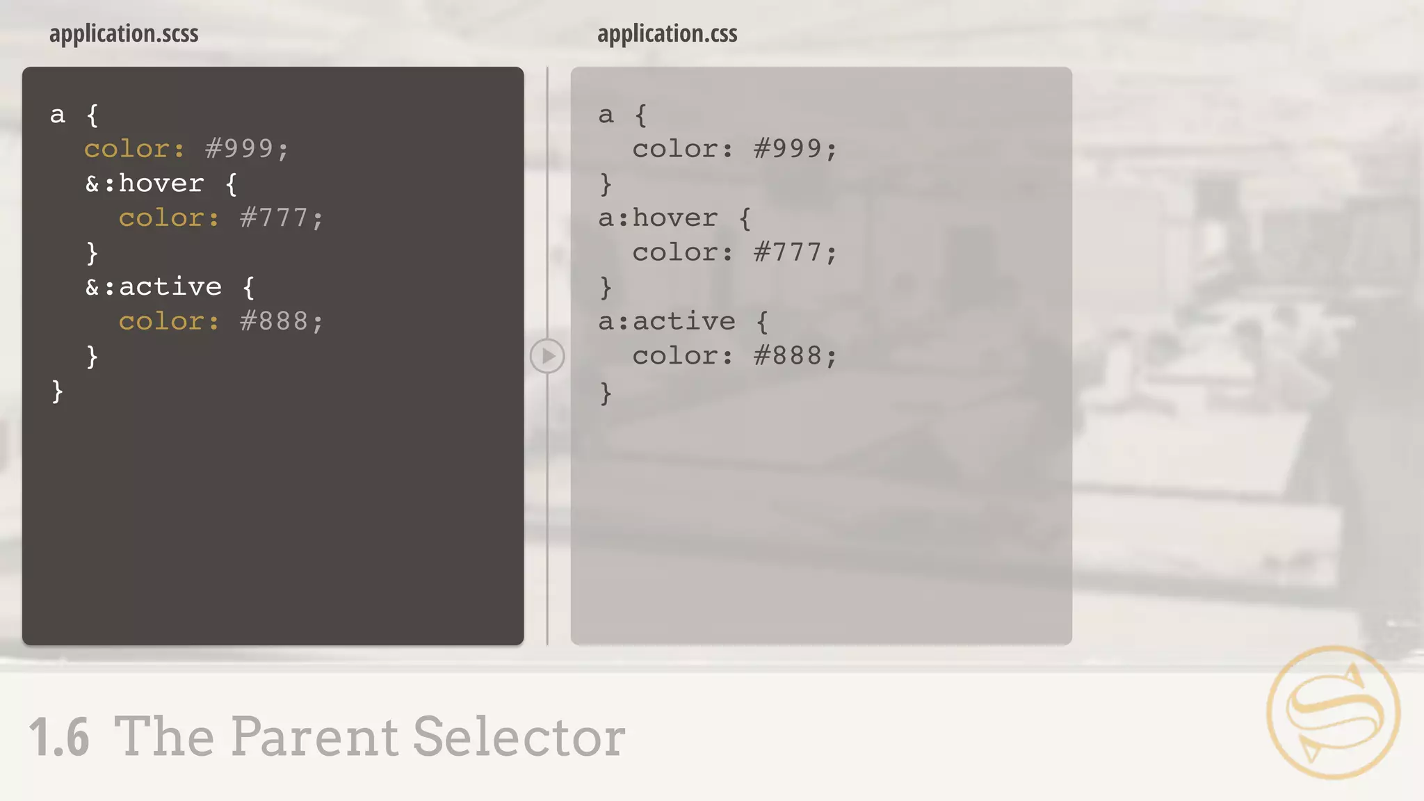 a {
color: #999;
&:hover {
color: #777;
}
&:active {
color: #888;
}
}
a {
color: #999;
}
a:hover {
color: #777;
}
a:active {
color: #888;
}
application.scss application.css
1.6 The Parent Selector
 